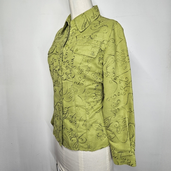 Chico's Size 1/M Shirt Shacket Button Down Floral Embroidered Green Microfiber - Picture 3 of 12